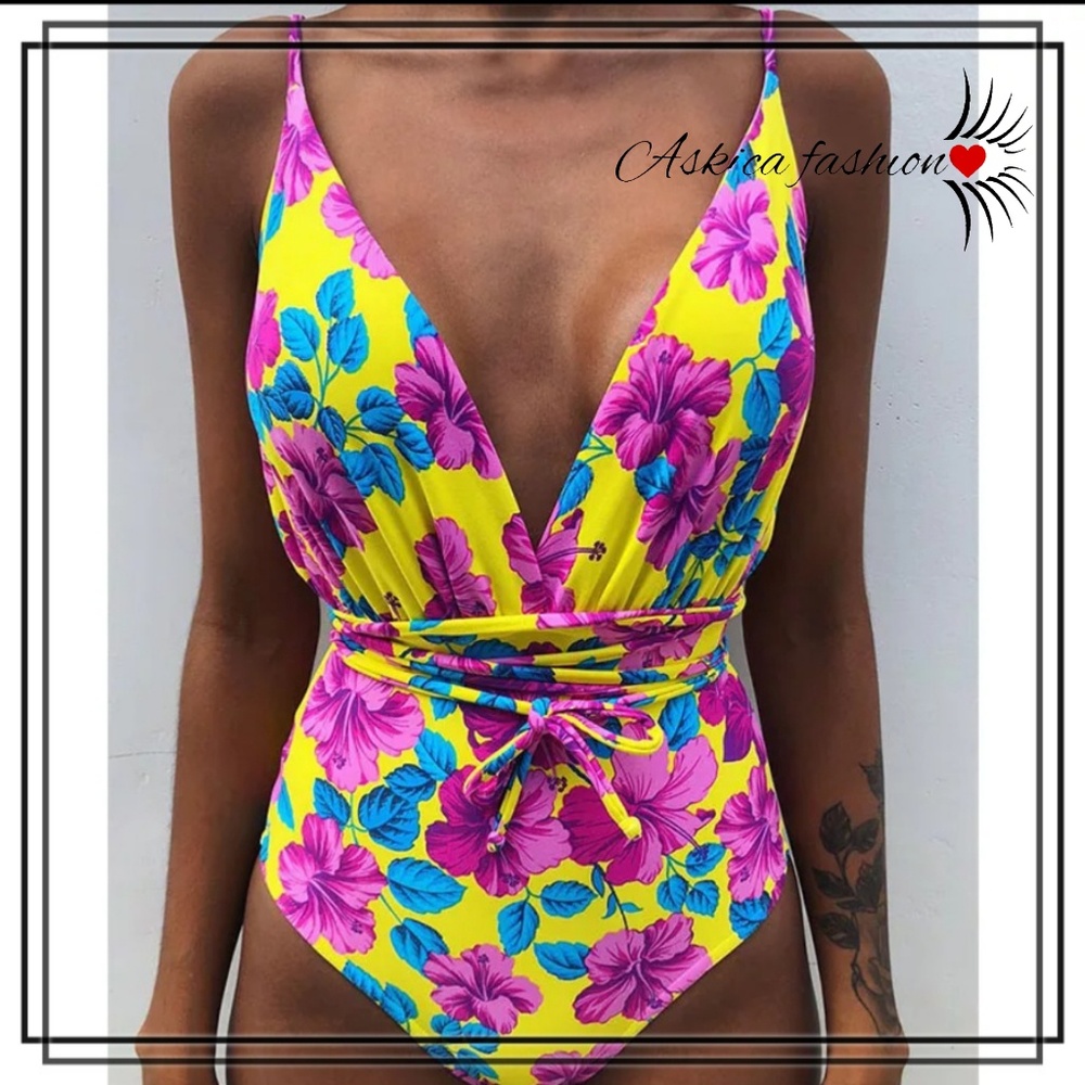 141. Sexy One Piece floral print Swimsuit Backless